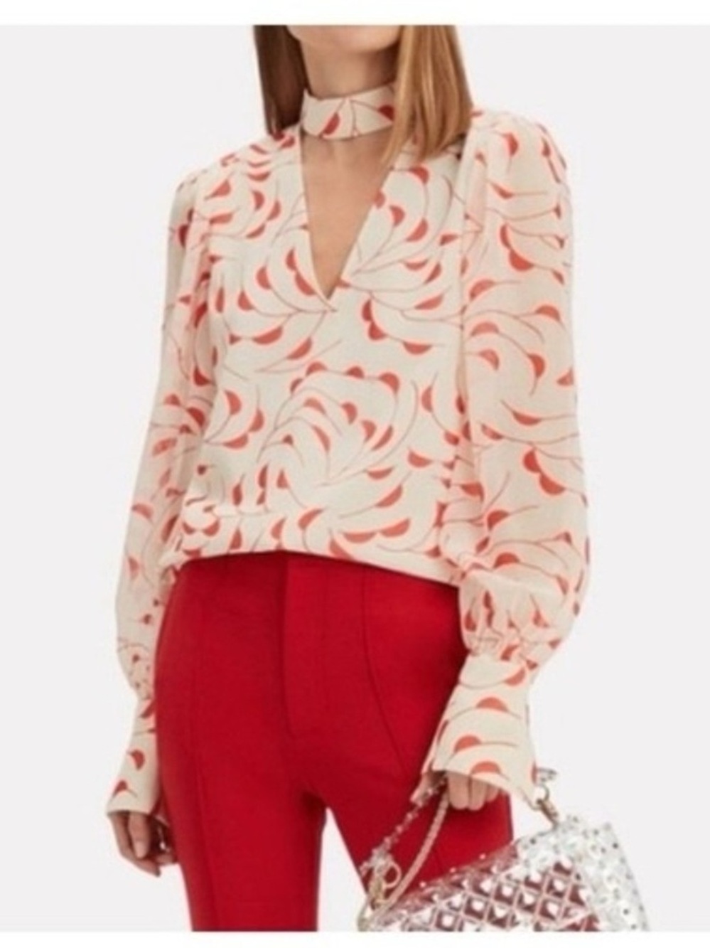 SELF PORTRAIT High Neck Printed Blouse Choker Detail Red/Ecru Size UK6/US 2